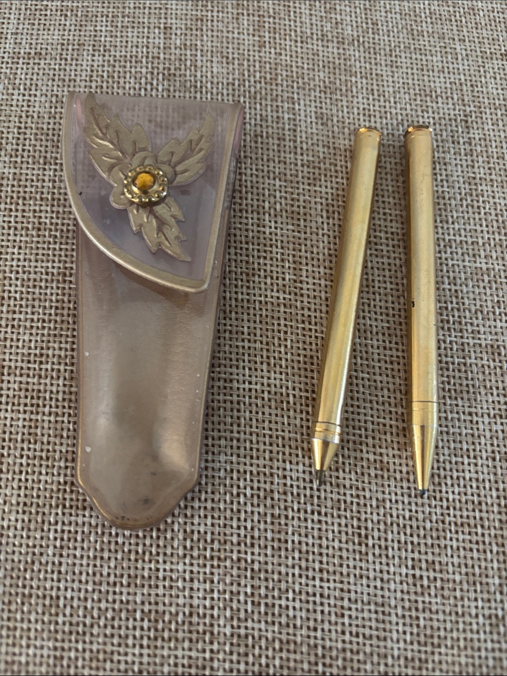 Vintage gold tone pen & pencil set with amber stones and case